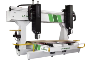 C.R. Onsrud E-Series 5-Axis CNC machine, model F122E15H2, equipped with dual spindle heads and dual tables for flexible, high-efficiency machining.