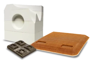 Different composite materials cut using C.R. Onsrud CNC machines, showcasing precision machining for complex materials.