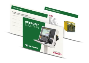 Slides showcasing the C.R. Onsrud FANUC Retrofit process for upgrading CNC machine HMIs and electronics.