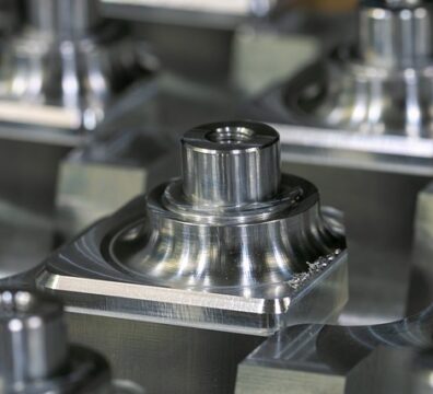 Close-up of machined metal parts used as components for motion control systems, showcasing precision CNC machining.